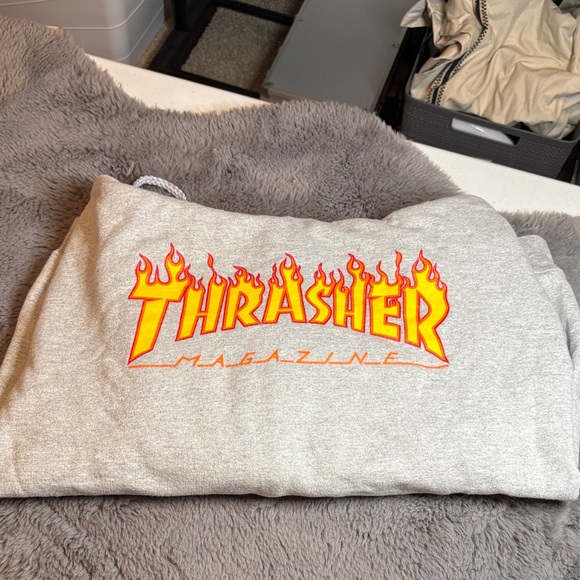 Thrasher Tops - Thrasher Gray Hoodie with Orange Flame Logo